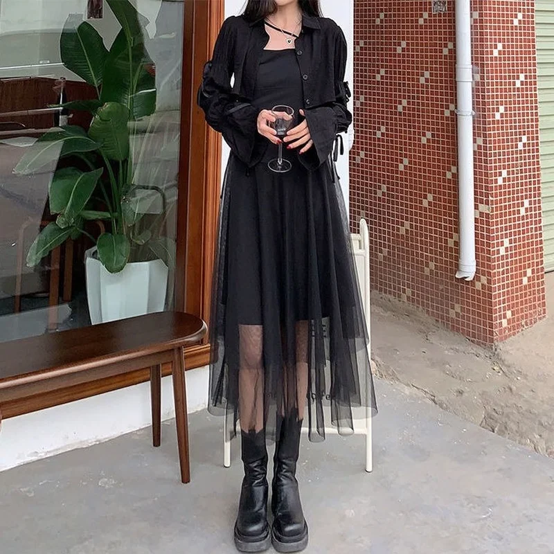 

Summer Gothic Strap Dress Women Black Sexy Mesh Party Y2k Dress for Women 2021 High Street Korean Evening Chic Dress Streetwear