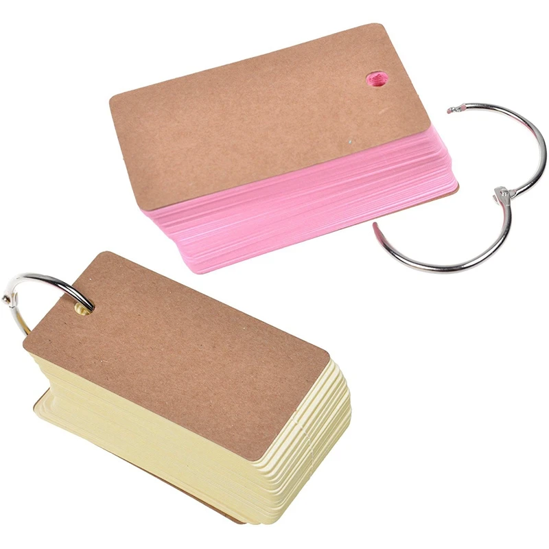2 PCS Binder Ring Easy Flip Flash Cards Study 100 Unruled Blank Pages (Pink+Yellow & Blue+Green) |