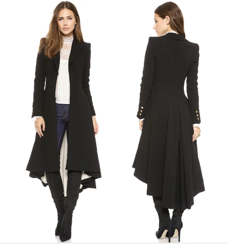 

Women Fashion Long Sleeves Wool Blend Blazer Evening Party Trench Coat Outwears Overcoat Long Black Slim Fit W04