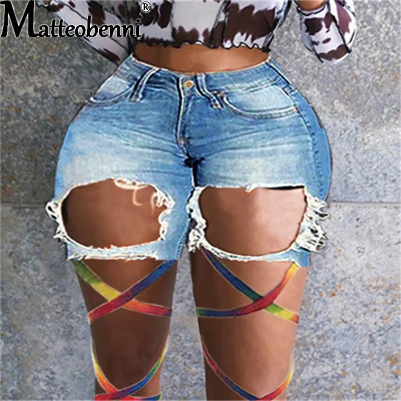 Шорты женские рваные из денима с бахромой пикантные цветные повседневные