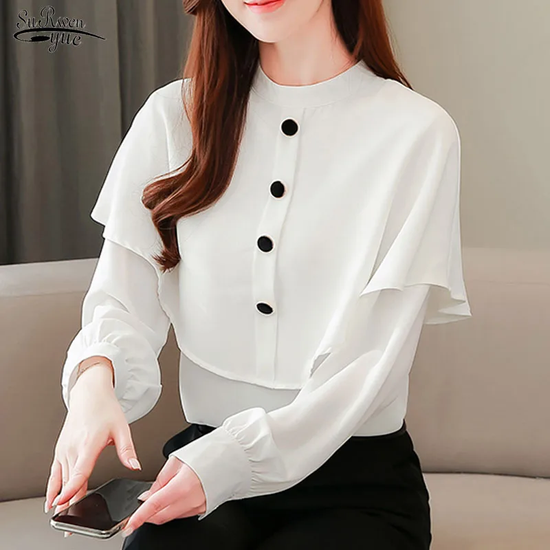 

2020 Autumn New Long Sleeve Puff White Chiffon Blouse Women Office Lady Solid Stand Collar Pullover Shirt for Women Blusas 10513