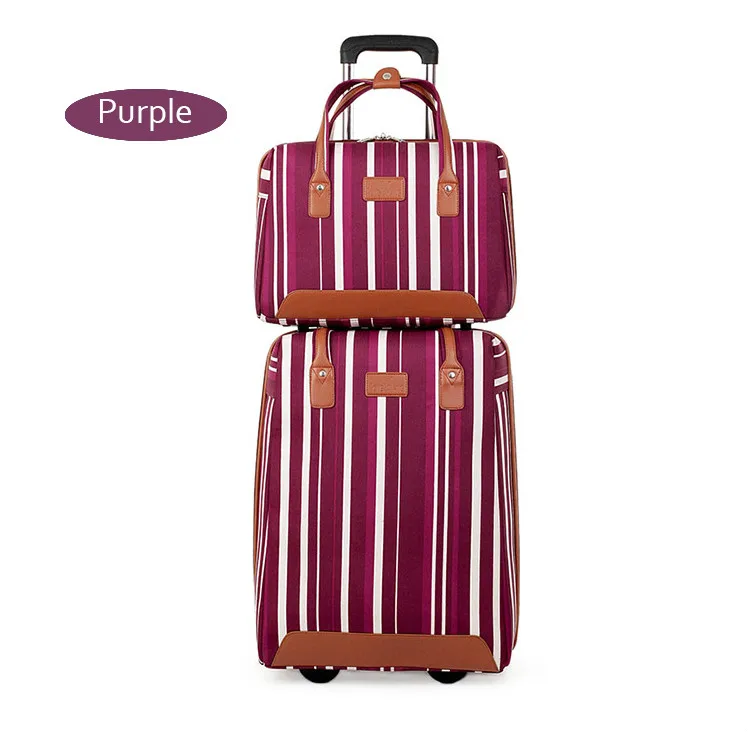 Purple Set 20 дюймов Дорожный чемодан на колёсиках, набор для женщин, брендовый чемодан на колесиках, в полоску, сумки для путешествий, ремень, Оксфорд - Цвет: Purple Set