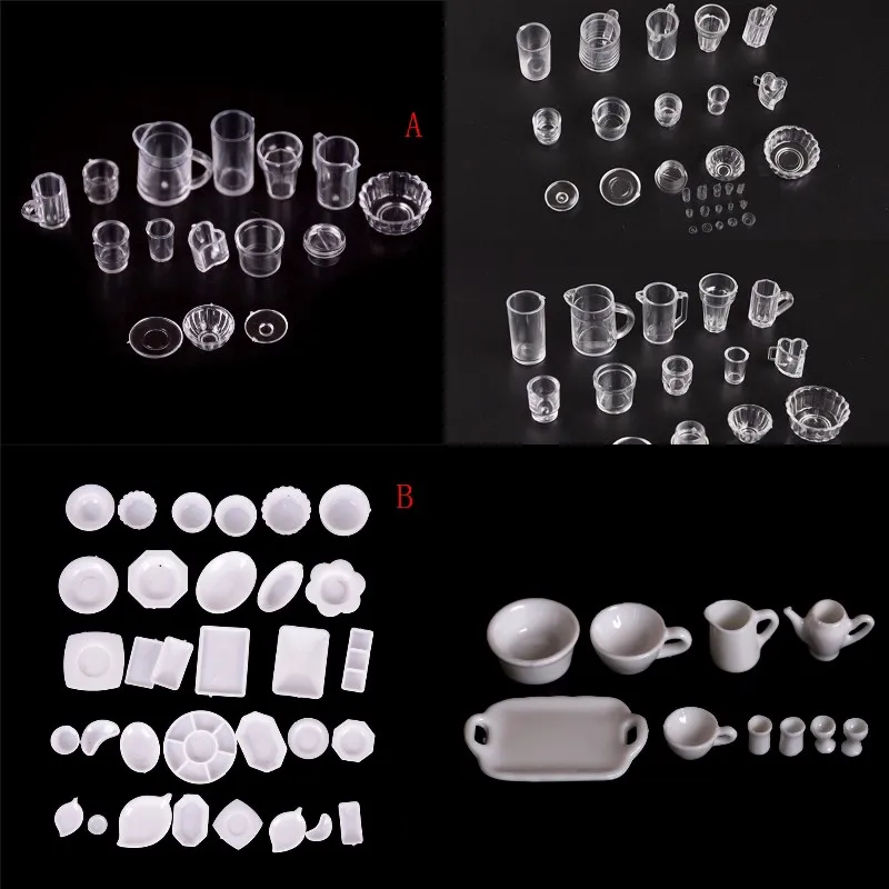 15Pcs/Set 1:12 Scale Doll Food Miniature Transparent  Plastic Plate Cup Dishes Bowl Tableware Set Kitchen Cooking Accessories