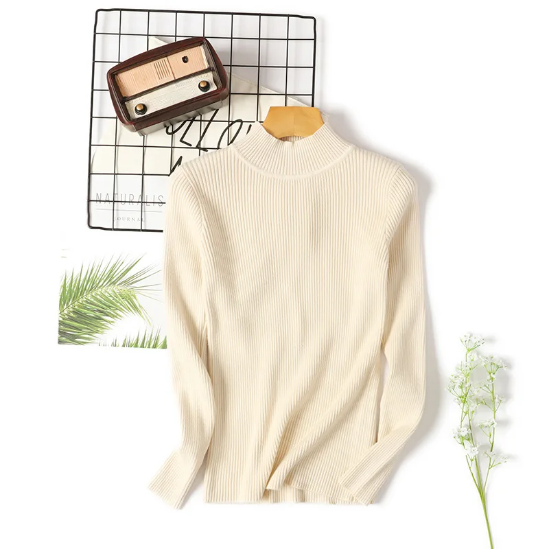 Simple style turtleneck sweater women's unadorned slim solid color rib knit long sleeve bottoming Jumpers pullover female spring | Женская