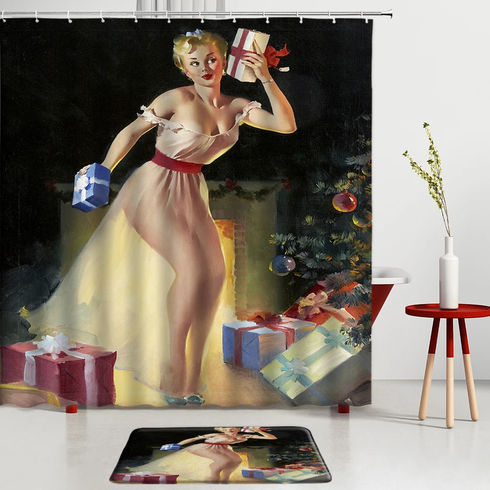 

2 Pcs Set Christmas Sexy Woman Shower Curtains Bath Screen American Style Dress Lady Gift Bath Mat Carpet Home Bathroom Decor