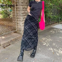 gitana 2021 autumn fairy grunge long tulle skirts women kawaii plaid black skirt harajuku low waisted skirt korean fashion