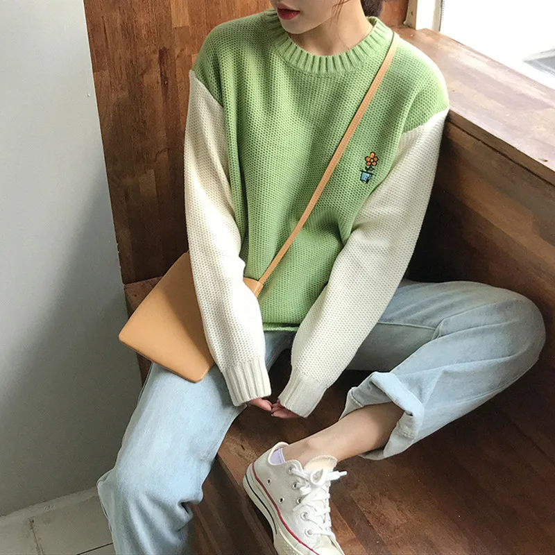 3 colors 2019 autumn and winter cartoon embroidery color patchwork knitted sweater women sweaters pullovers (F1383) | Женская одежда