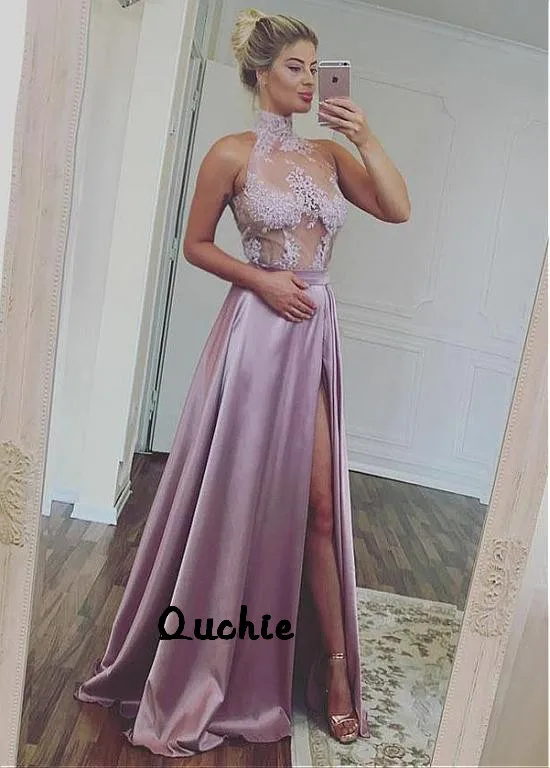 

Dark Pink Satin High Neck Evening Dresses Slit See Through Special Occasion robe soiree Islamic Dubai Kaftan Saudi Arabic Prom