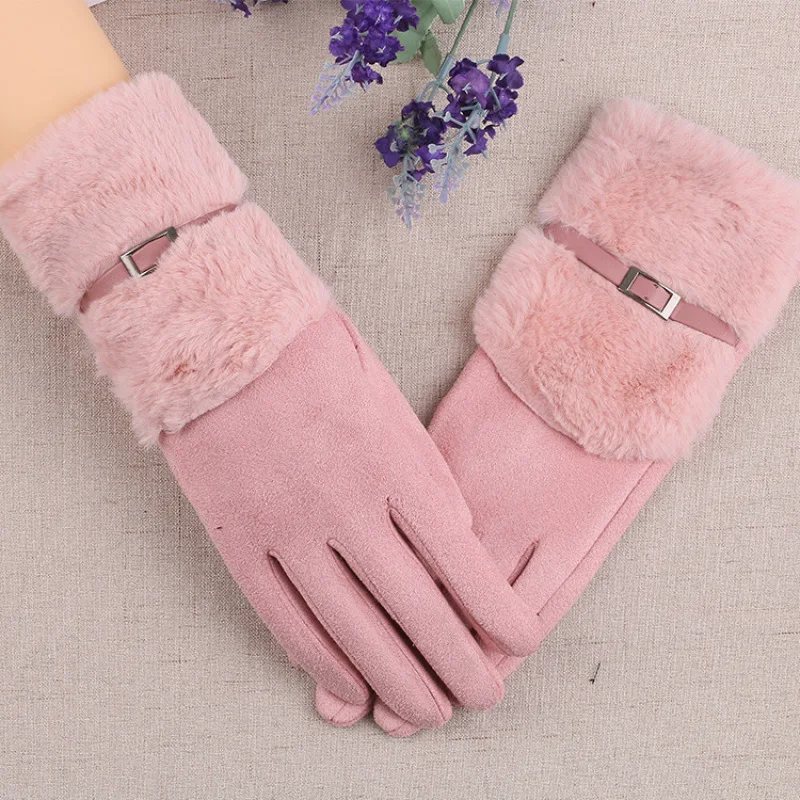 

Зимние женские теплые перчатки с сенсорным экраном плюс бархатные перчатки внутри плюшевые наручные замшевые уличные велосипедные Женски...
