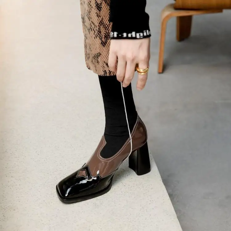 

2021spring and Autumn New Ins Designer Model Super Slimming Color Matching Square Toe High Heel Booties Thick Heel women Boots