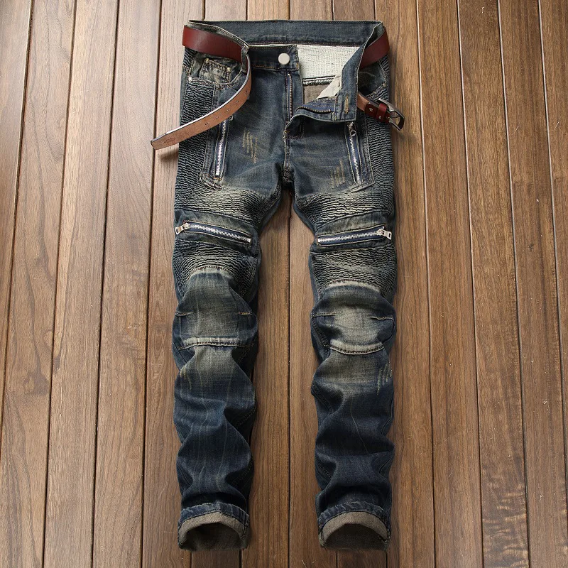 Original New Fashion Men Denim Jeans motorcycle Slim Biker Jeans Hiphop Skinny Jeans Pleated Joggers Pants Zipper decoration