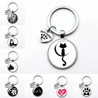 love cat pet footprints dogs glass cabochon keychain bag car key chain ring holder charms keychains for men women gifts