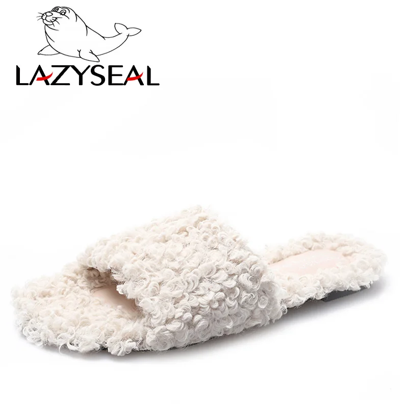 LazySeal; цветные домашние тапочки с натуральным мехом; женская обувь; женские шлепанцы без задника на плоской подошве; женские пушистые домашние шлепанцы; пушистая плюшевая обувь - Цвет: Beige