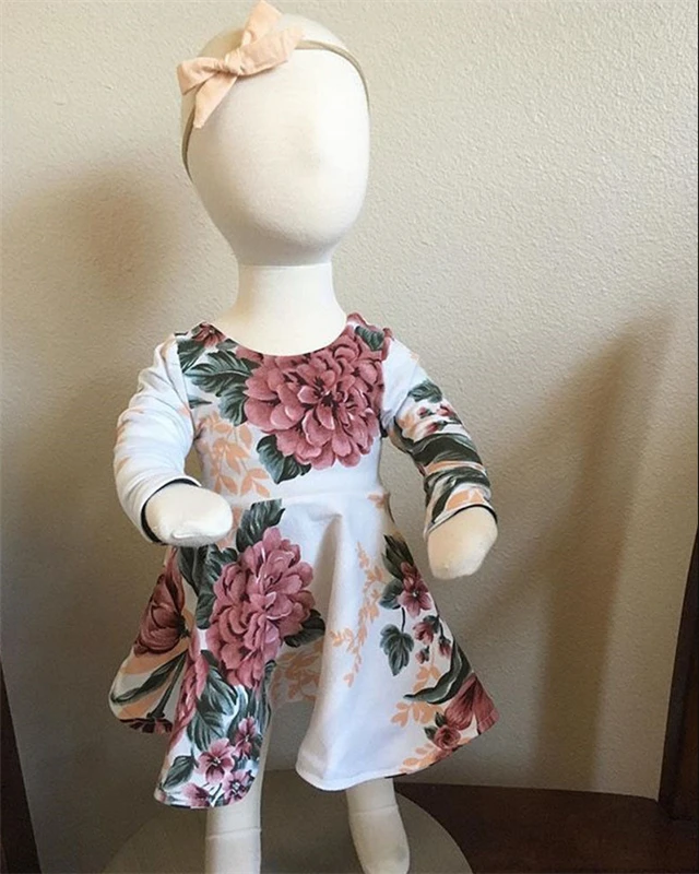 2Pcs Baby Girls Clothes Set Newborn Kid Baby Girls Floral Dress + Headband Outfits Autumn Spring Long Sleeve Outfits