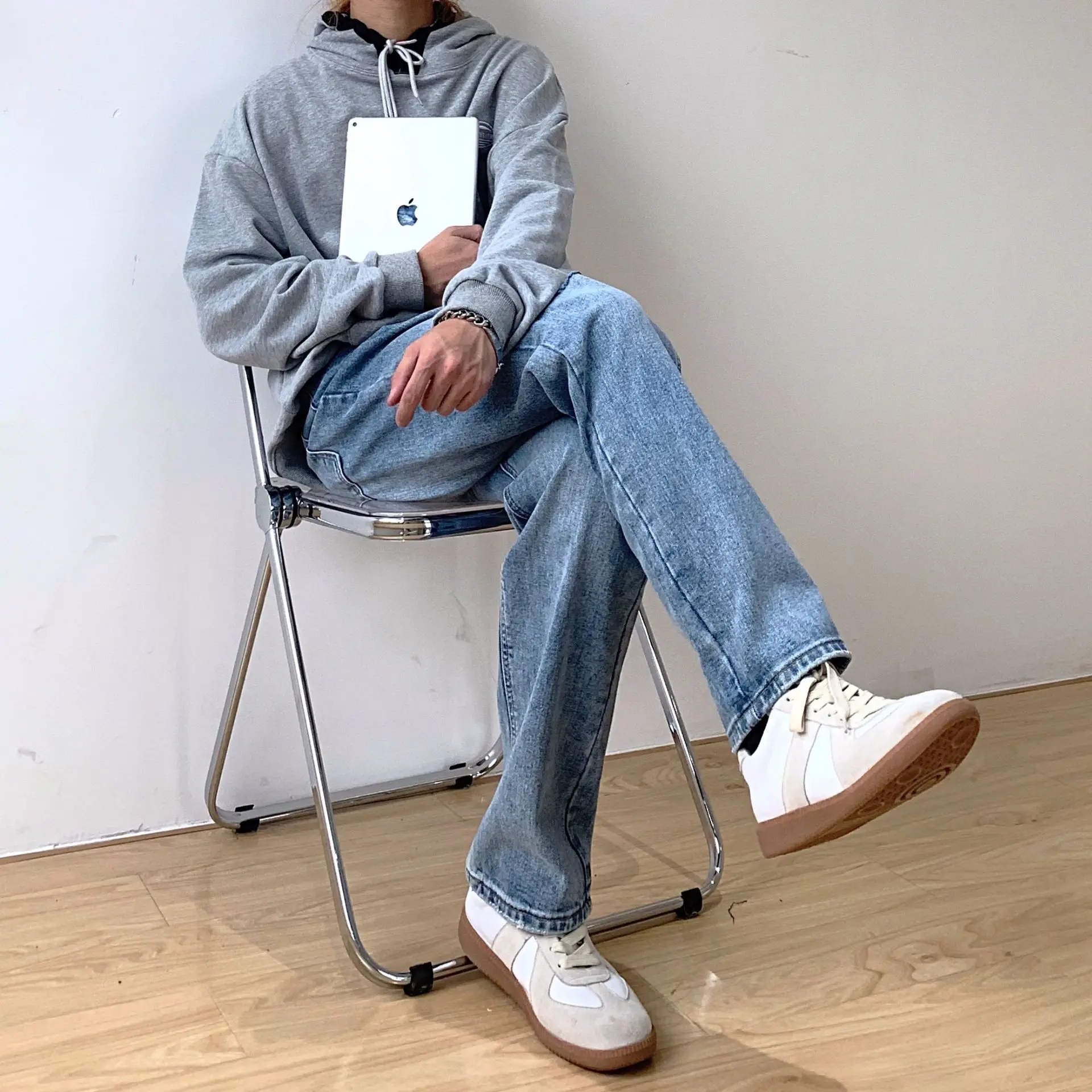 High Quality Cut Denim Men's Ripped Baggy Jeans Korean Style Straight Loose Dad Ripped Trousers Holes Cotton Male Denim Jeans