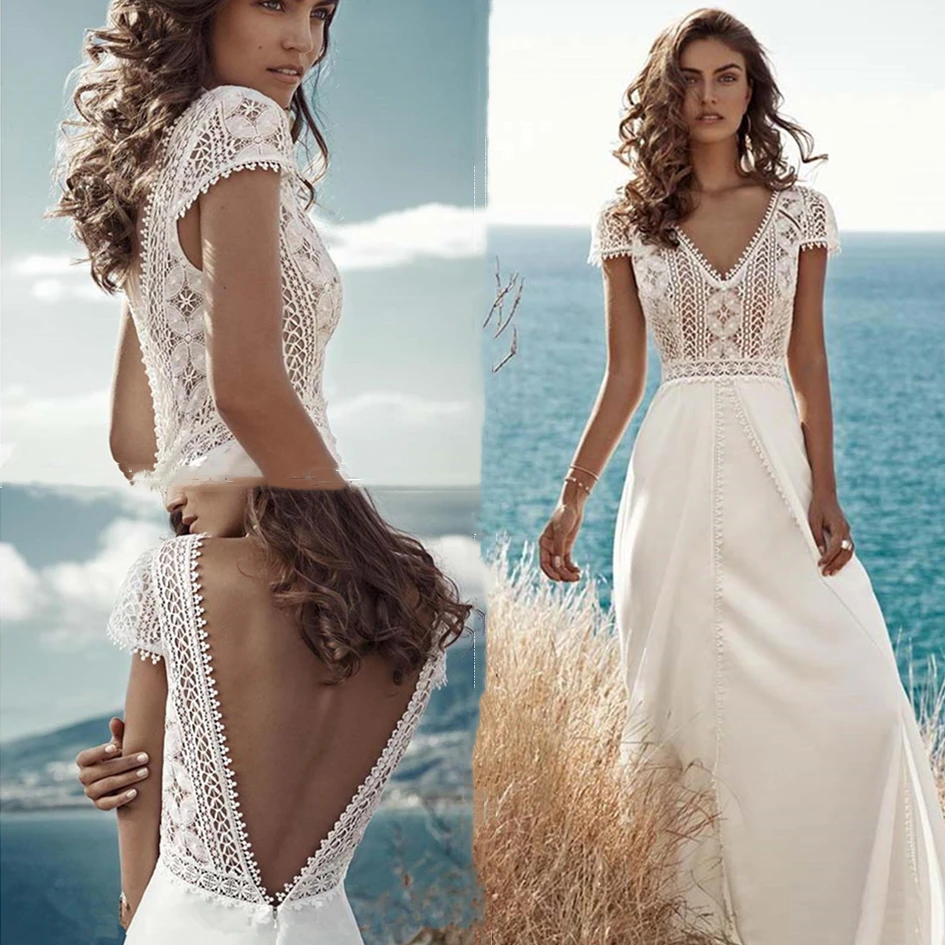 

White Wedding Dress Sexy Boho Lace Chiffon V Neck Backless Beach A-Line Bride Dresses Cap Sleeves Long Bohemian Wedding Gowns