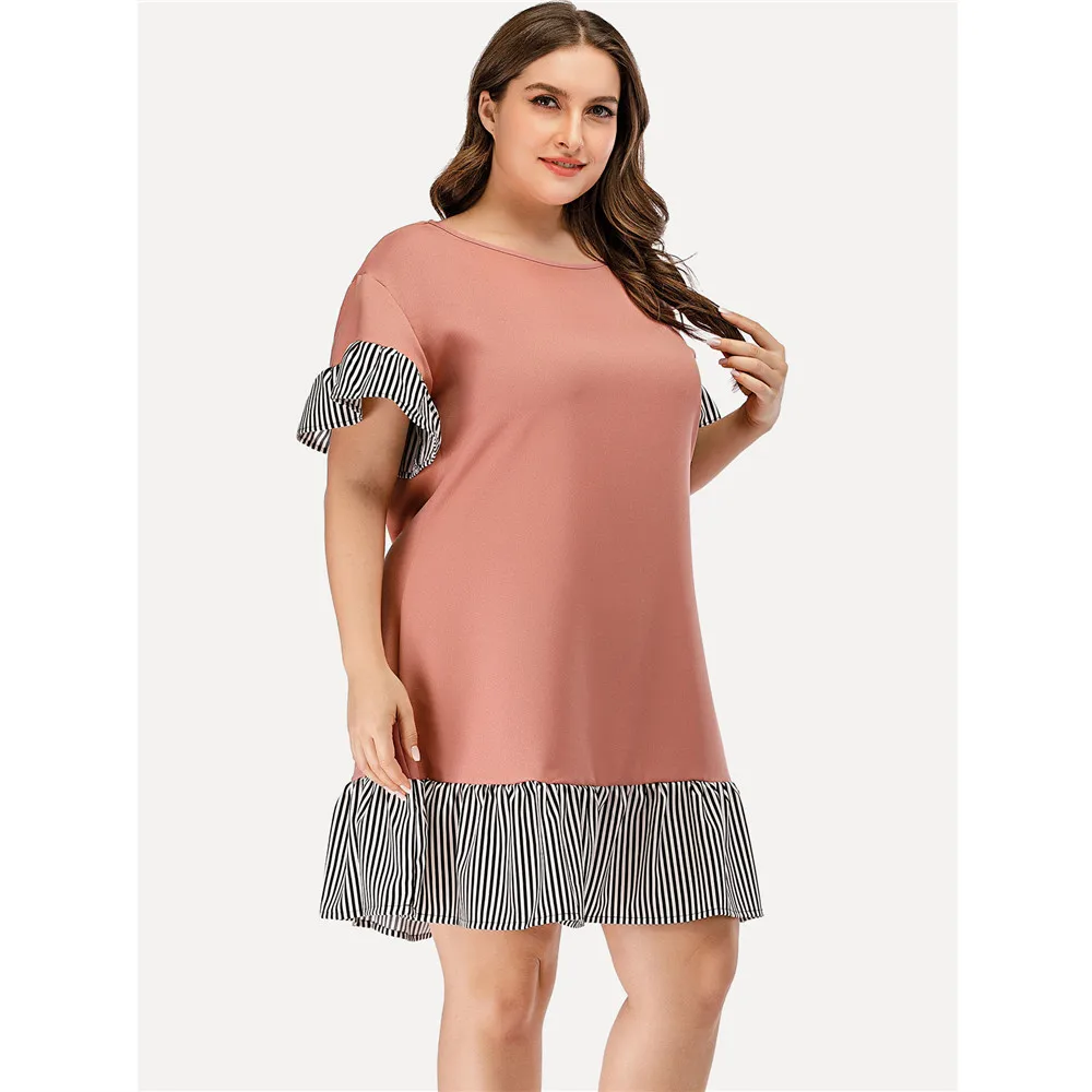 

Plus Size L-4XL Women Mini Dress Solid Color Stripes Patchwork Short Sleeve Summer Loose Casual Short Dress High Waist Fashion