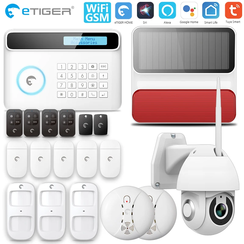 

Etiger оригинальный супер комплект S4 Plus Tuya Smart WiFi/GSM охранная уличная сирена дымовая/пожарная сигнализация для домашних животных датчик движен...