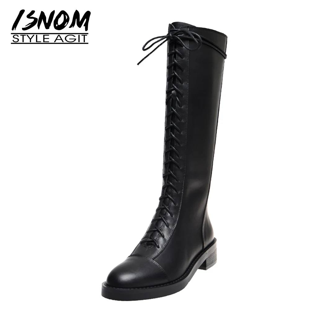 

ISNOM New Leather Knee Boots Women Cross Tied Knight Boot Zip Chunky Heels Shoes Woman Platform Winter Boots Black Round Toe