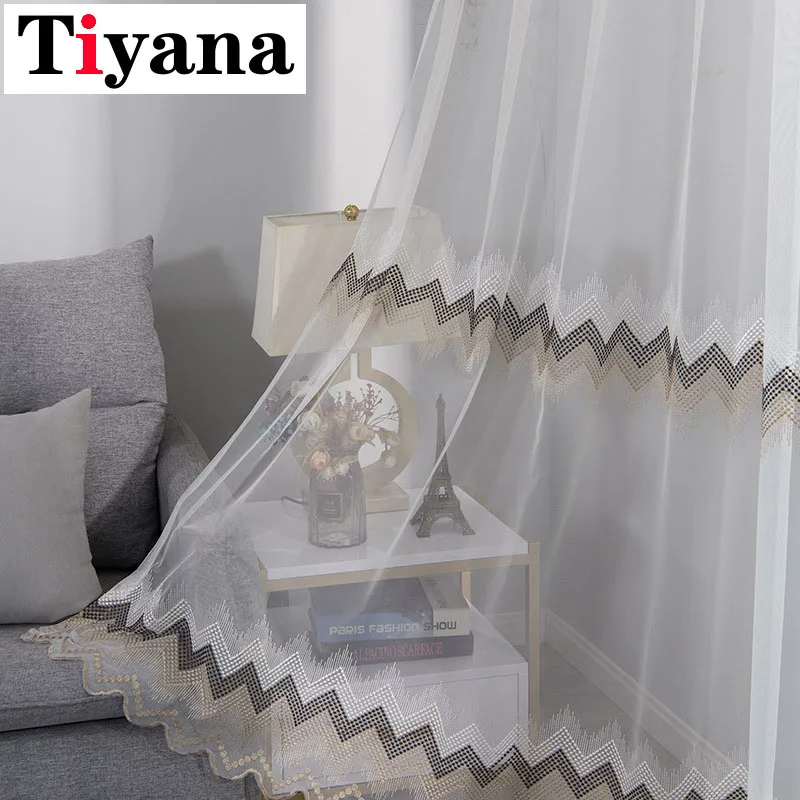 Коричневые прозрачные Занавески с вышивкой для окон гостиной современные