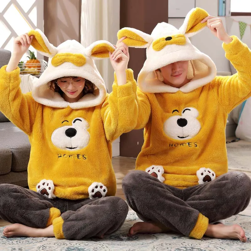 yellow dog Унисекс, Пижама для взрослых и пар, Мужская зимняя бархатная одежда для сна, комплект из 2 предметов, теплая Фланелевая пижама с рисунком животных, милая домашняя одежда - Цвет: yellow dog