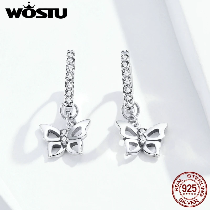 

WOSTU Genuine 925 Sterling Silver Elegant Butterfly Hoop Earrings Clear Zircon Earrings For Women Wedding Unique Jewelry CQE833