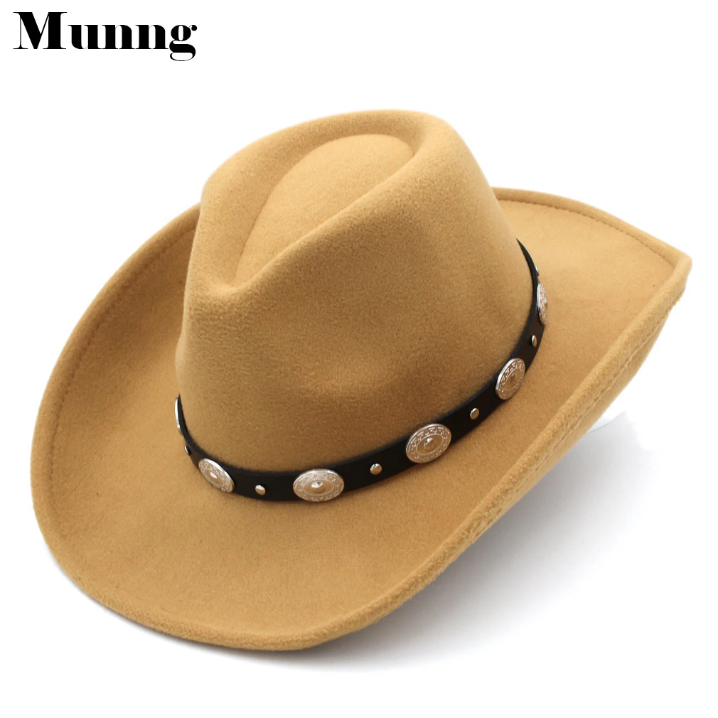 

Munng 2021 New Men Women Western Cowboy Derby Hat Sombrero Godfather Cap Outdoor Wide Brim Jazz Top With Leather Band