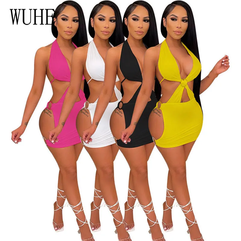 

WUHE Breast Wrap Sexy Mini Bodycon Halter Open Back Hollow Out Package Hip Off Shoulder Sleeveless Nightclub Party Dresses