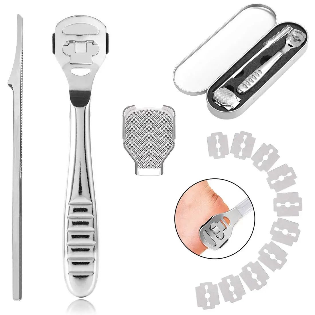 Heel Hard Skin Remover Hand Feet Pedicure Razor Tool Shavers Stainless Steel Handle 10 Blades Foot Care Tools