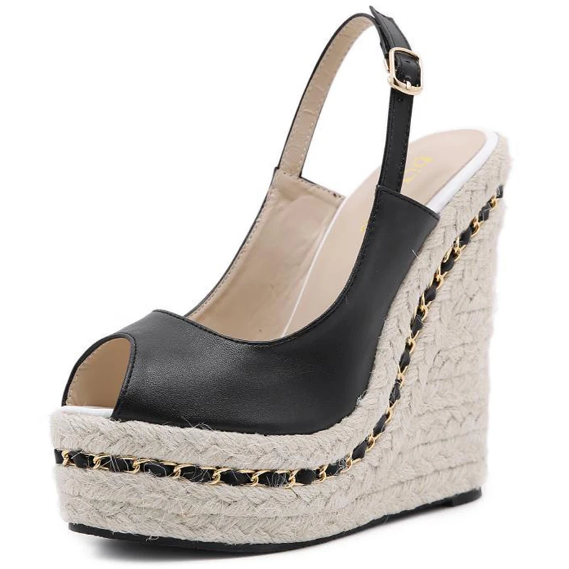 

Wedge High Heels for Women Buckle Strap Sewing Pumps Platform Round Toe Summer Shoes 2021 Hemp Peep Toe Fashion 35-42