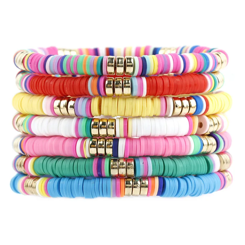 New 6mm Polymer Clay Disc Beads Stretch Bracelet Charm Multicolored Vinyl Record Bead Bohemian Style Handmade Elastic Bracelets