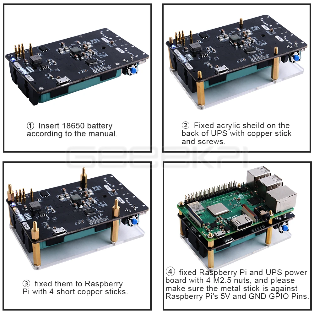 GeeekPi 18650 UPS Pro Расширенный два порта USBA устройство питания для Raspberry Pi 4 B/3B+/3B, не включает аккумулятор 18650