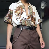 man loose dragon floral shirts incerun fashion printed men shirts short sleeve lapel neck blouse vintage button camisa plus size