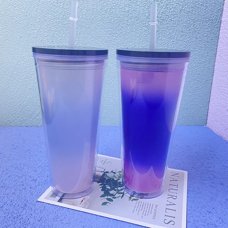 

710ml Double Rainbow Color Water Bottle With Straws Lid Plastic Color Changing Water Cup Coffee Drinking Drinkware Portable