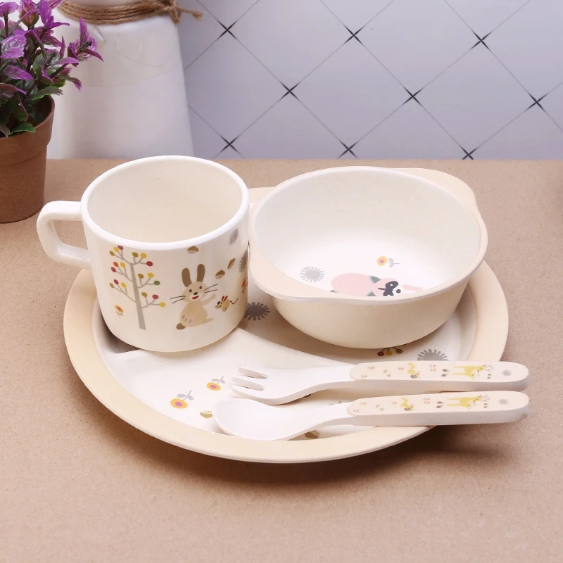 

5pcs Baby Feeding Bowl Plate Forks Spoon Cup Dinnerware Set Bamboo Tableware 54DA