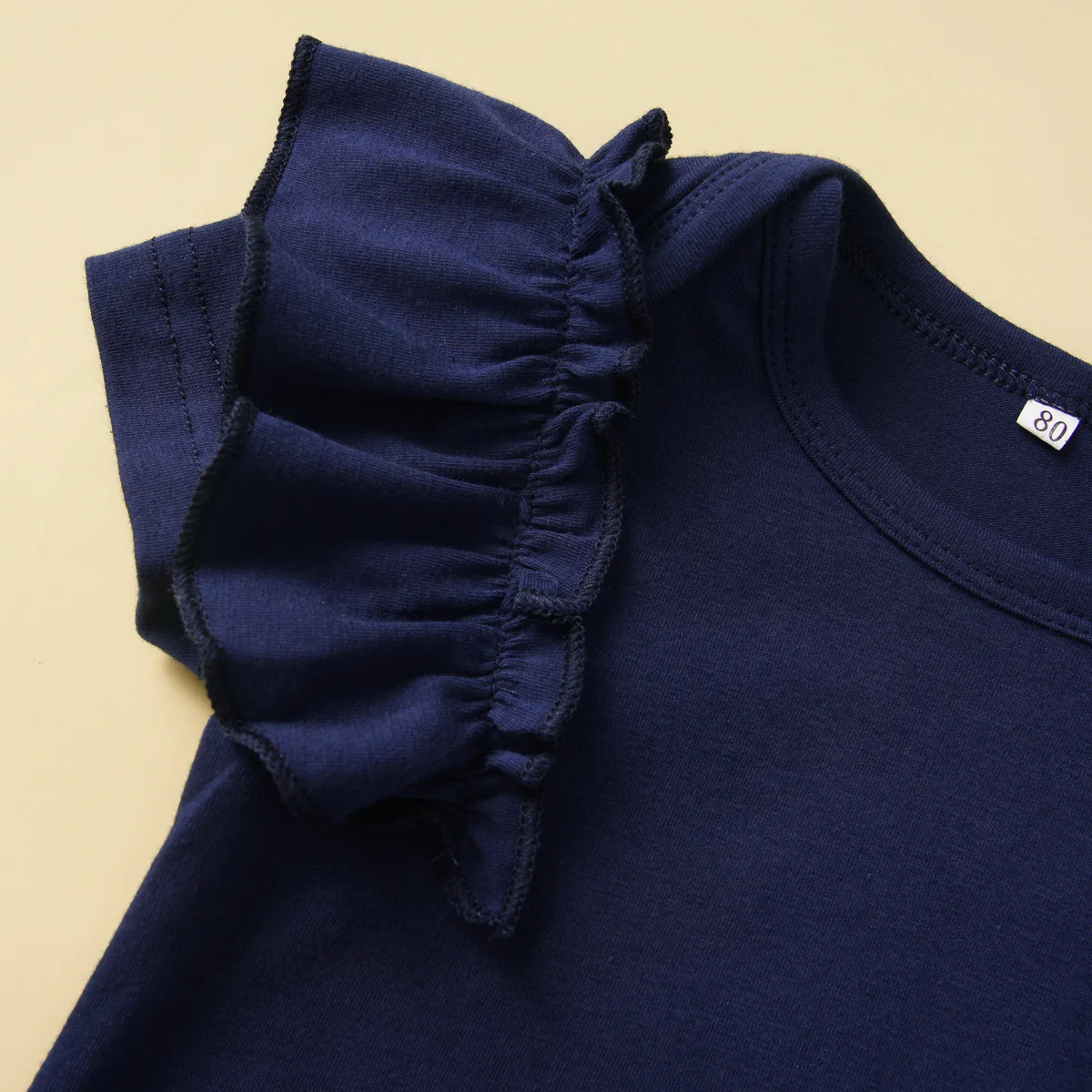 

Selling Summer Girl Crew Neck Short Sleeve Cotton Stripe Ruffles Thin Section Europe America 2021 Dark Navy Casual Pants Suit