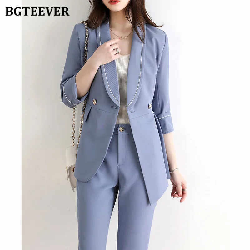

BGTEEVER Chic Office Ladies 2 Piece Pant Suits Double Button Suit Jacket & Straight Leg Suit Pants Female Blazer Set 2020 Autumn