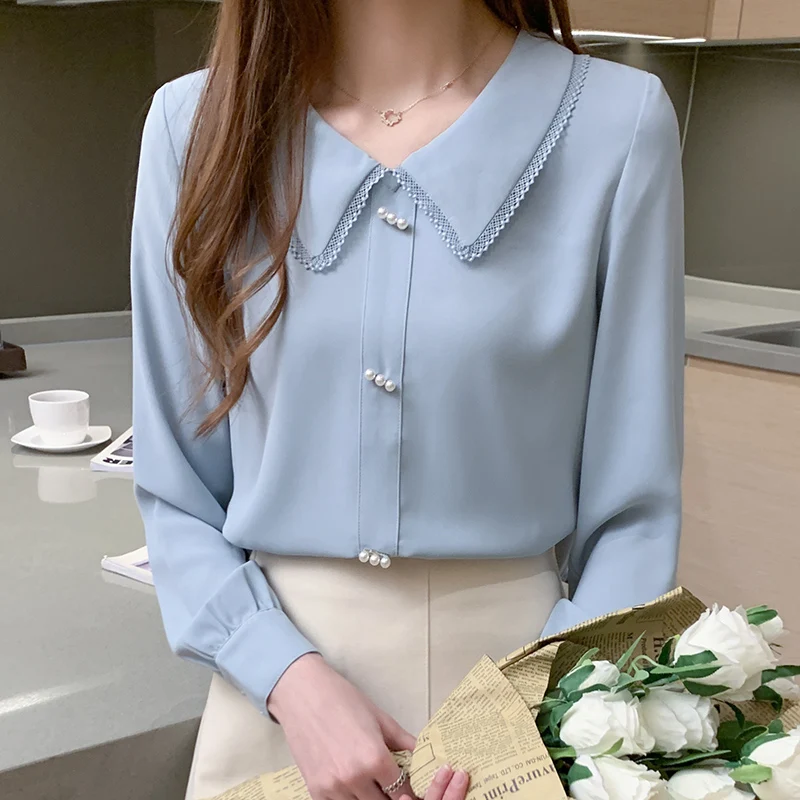 

2021 fall women's chiffon shirt sweet lace trim peter pan collar blouse long sleeve blusas mujer ladies elegant plus size tops