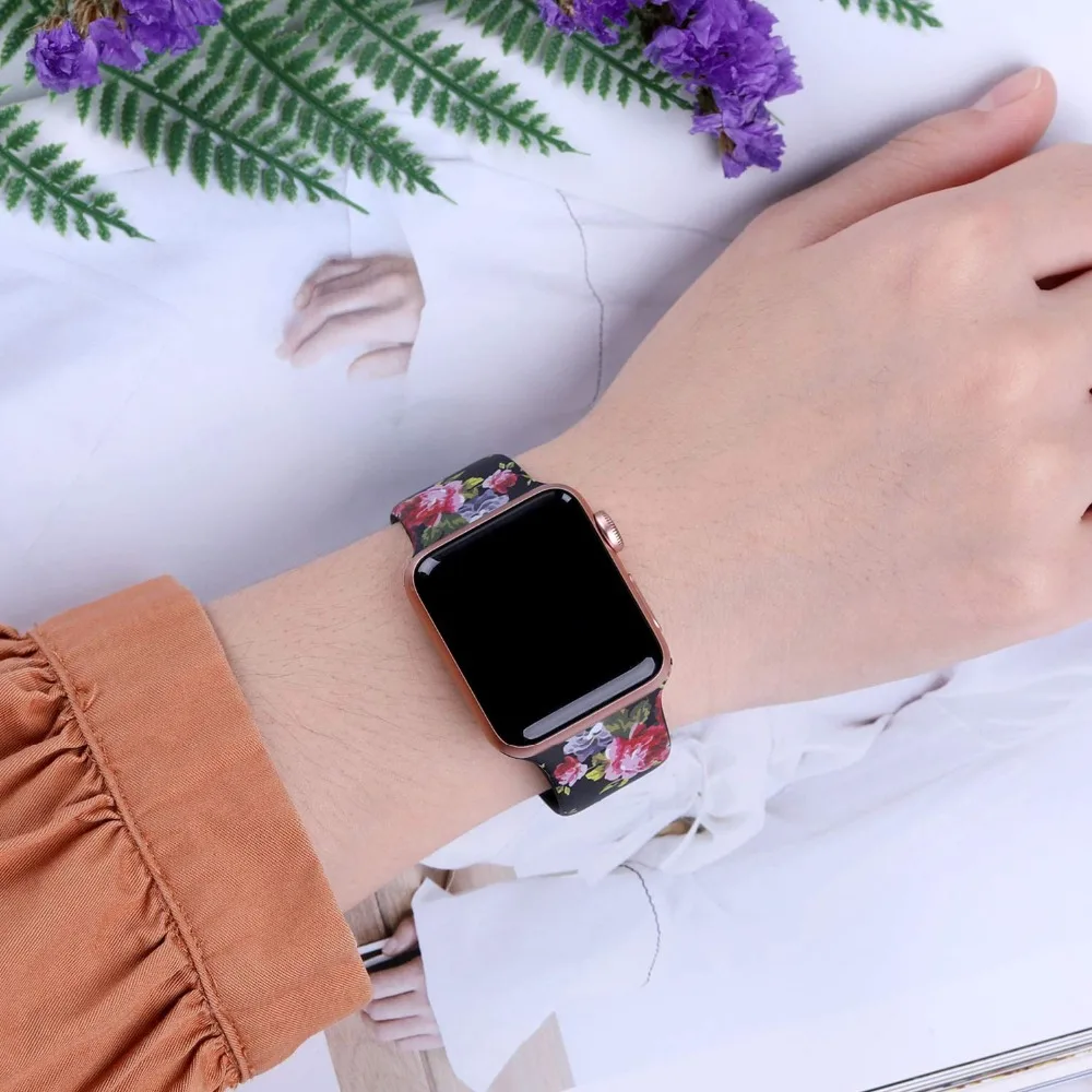 Ленты с цветами для Apple Watch 38 мм 40 мм 42 мм 44 мм, леопардовые силиконовые Печатные Сменные браслеты для iWatch серии 5 4 3 2