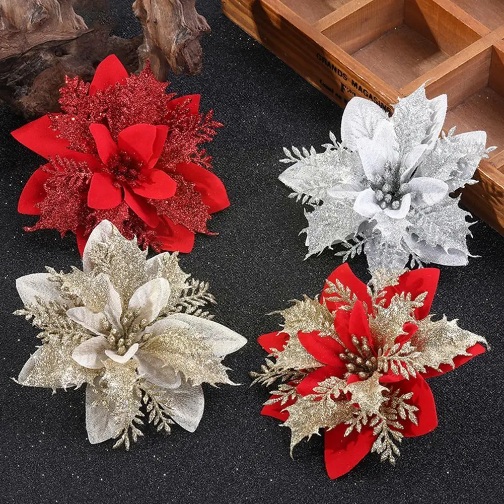 

5pcs 14cm Glitter Artificial Christmas Flowers Xmas Tree Ornaments Merry Christmas Decorations For Home New Year Gifts W9k0