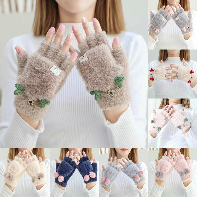 

Plush Women Flip Half-finger Gloves Cartoon Warm Mittens Thicken Short Girls Fingerless Gloves Touch Screen Mittens