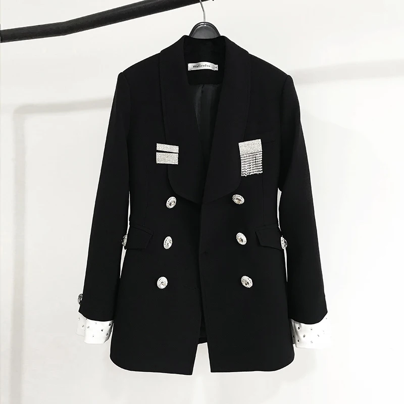 jackets Ретро Черные яркие бриллиантовые блейзеры женские костюмы двубортные с длинным рукавом шикарный зазубренный OL Куртка горный хрусталь брошь - Цвет: jackets