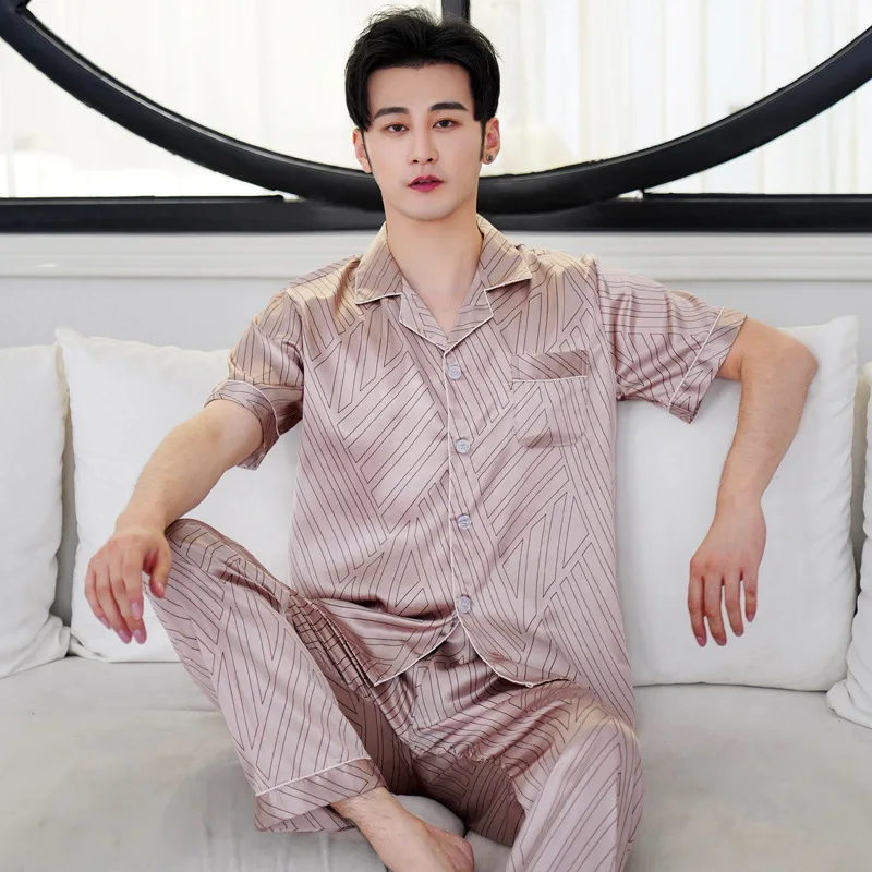 Spring Summer Thin Ice Silk Men's Pajamas Set Stain Print Leisure Sleepwear Loose Soft Short Sleeve Pajama Pants Tops Homewear