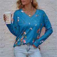 2022 spring autumn womens flower print top loose long sleeve v neck t shirt ladies casual vintage pullover all match t shirt