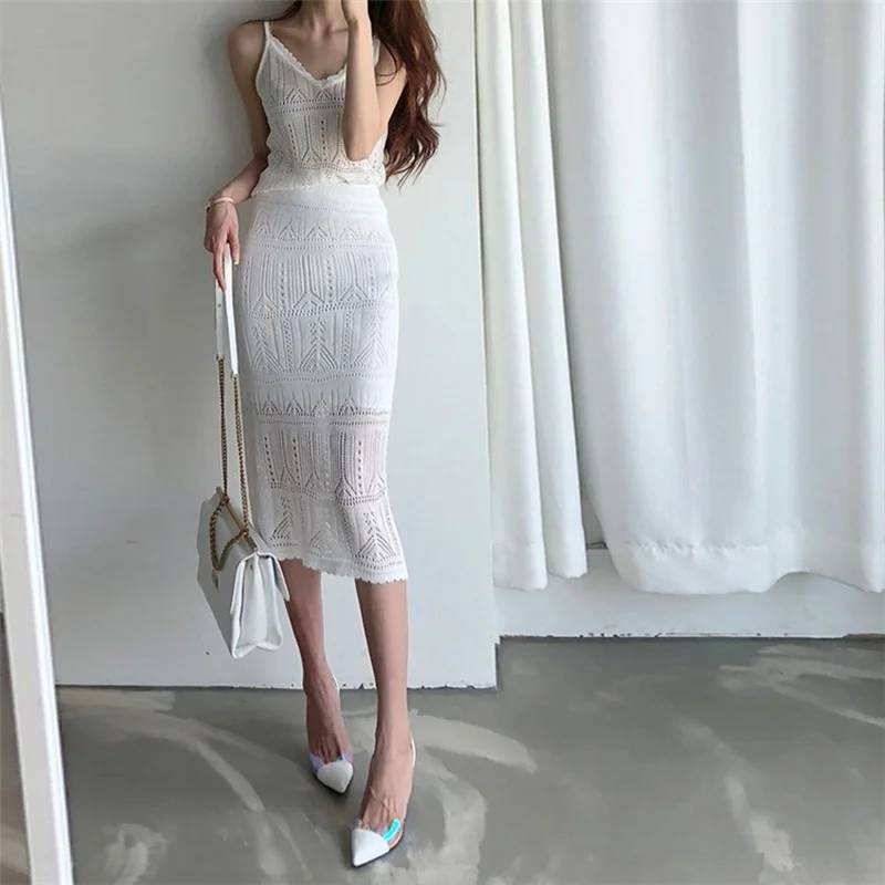 

2021 New Spring Summer Woman 2 Piece Sets Vest Matching Long Skirt High Waist Knitted Hollow Out Elegant Suits