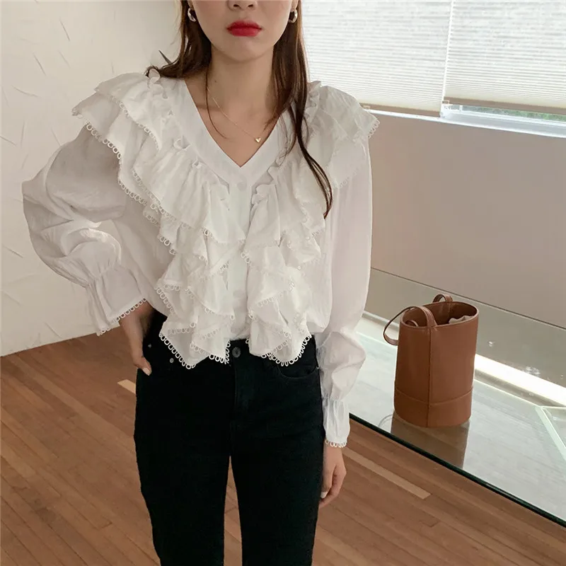 

HziriP Women Shirts 2021 Autumn Female Blouses Lace Jacquard Concise Vintage Elegant Gentle Casual All Match Office Lady Tops