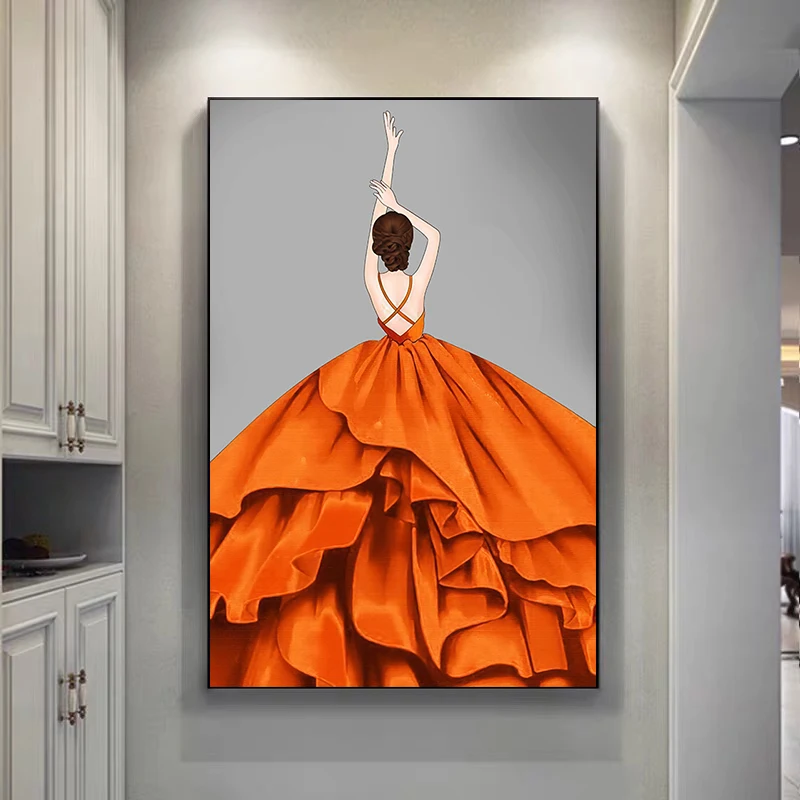 

Nordic Fashion Orange Long Skirt Female Indoor Canvas Painting Printing Wall Art Girl Background Poster Modern Home Decoration