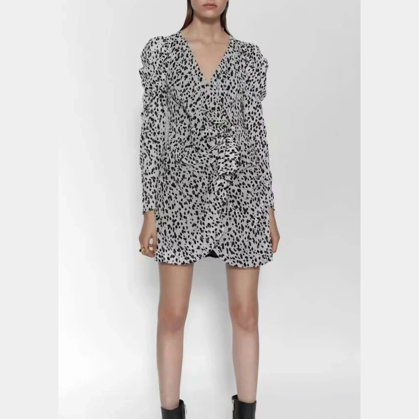 Женское Плиссированное мини платье в горошек с пышными рукавами и V образным