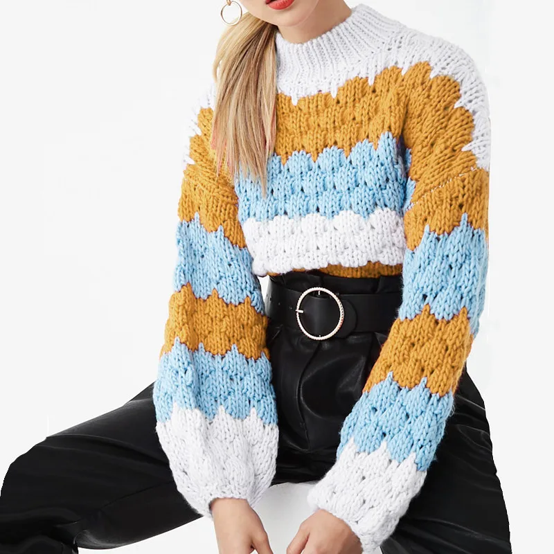 

Hirigin 2021 Fashion Street Striped Print Loose Tops Women's Sweater Winter Clothes Knitted Round Neck Pullover Sweater