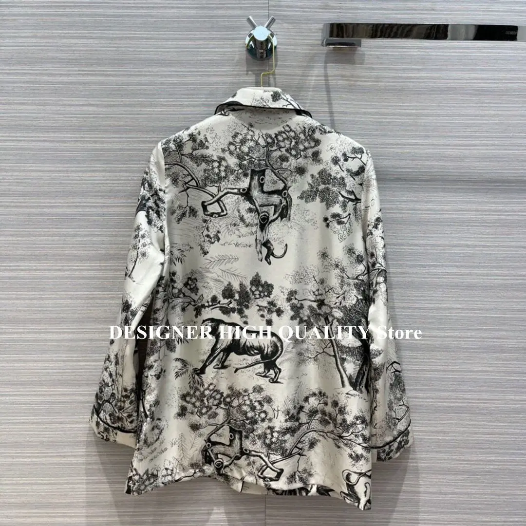 Vintage Ink Print Animal Pattern Women's Pajamas 2021 New Fashion 100% Silk Shirt With Long Pants Suit Runway Designer Pajama